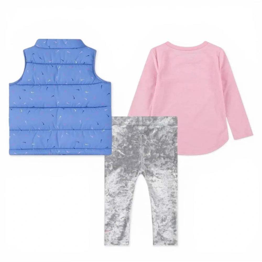 Nike Baby Girls 3-Piece Puffer Vest Long Sleeve Tee Leggings Set Blue Pink 12M - Picture 2 of 13